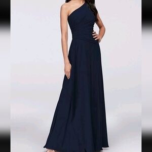 David’s Bridal One Shoulder Ruched Chiffon Formal Dress. Navy Blue. Size